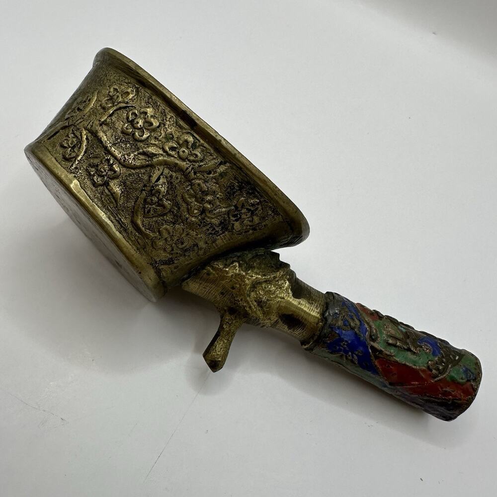 Antique Brass Chinese Silk Iron Enamel People Buddha Handle Signs of Use